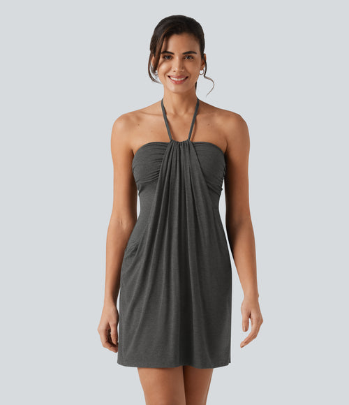Halter Tie Back Mini Resort Dress with Pockets - Darl Gray Floral Yarn