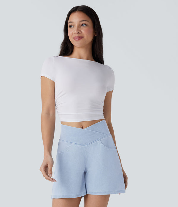 Celeste L'Amour Flex™ Crossover High Waisted Pockets Wide Leg A Line Washed Denim Casual Shorts
