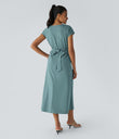 Breezeful™ V Neck Short Sleeve Pocket Tie Back Quick Dry Midi Casual Dress-Longer Length - Stone Blue