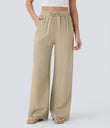 High Waisted Drawstring Pocket Wide Leg Baggy Casual Linen-Feel Pants - Fields of Rye