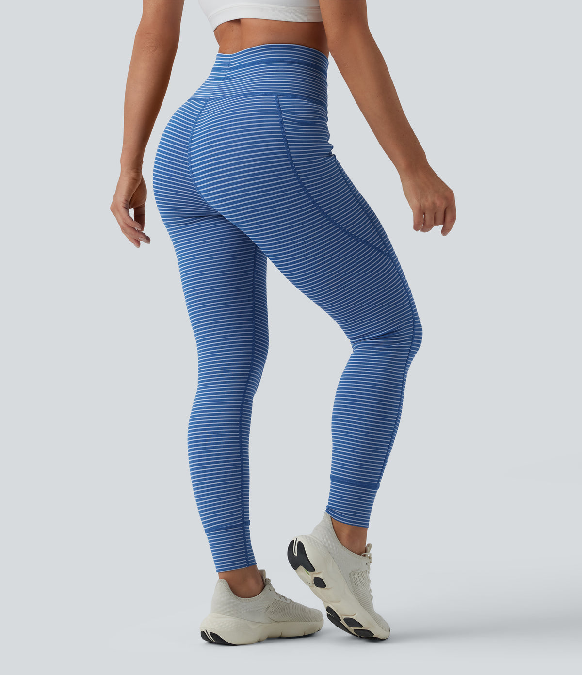 High Waisted Drawstring Striped Yoga Leggings with Pockets - Navy Stripe