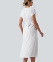 Breezeful™ V Neck Short Sleeve Pocket Tie Back Quick Dry Midi Casual Dress - White
