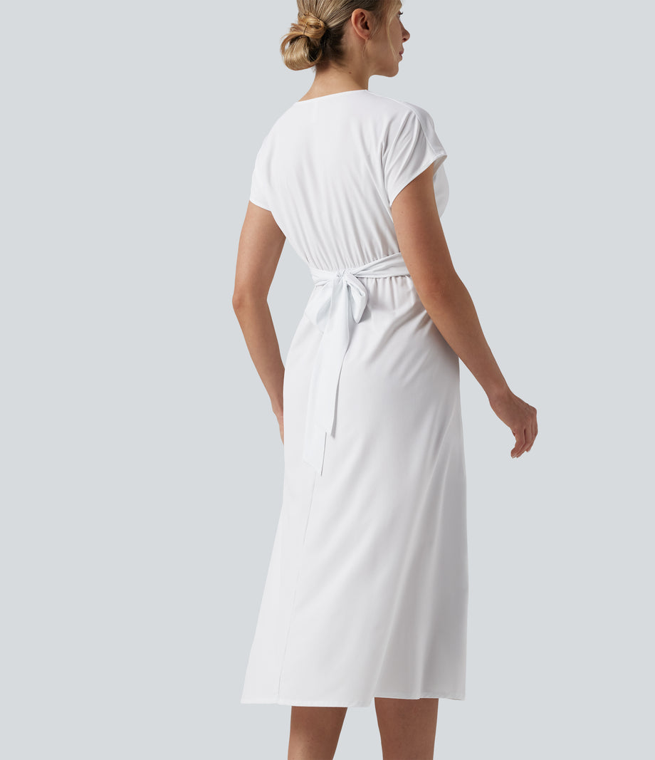 Breezeful™ V Neck Short Sleeve Pocket Tie Back Quick Dry Midi Casual Dress - White