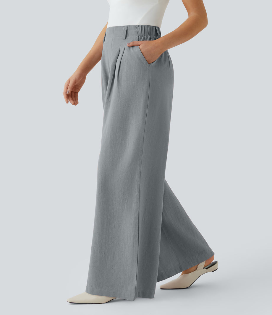 High Waisted Pocket Wide Leg Flowy Solid Palazzo Casual Linen-Feel Pants - Quarry