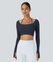 Ribbed Halter Strap Thumb Hole Cropped Yoga Sports Top - Navy Blazer