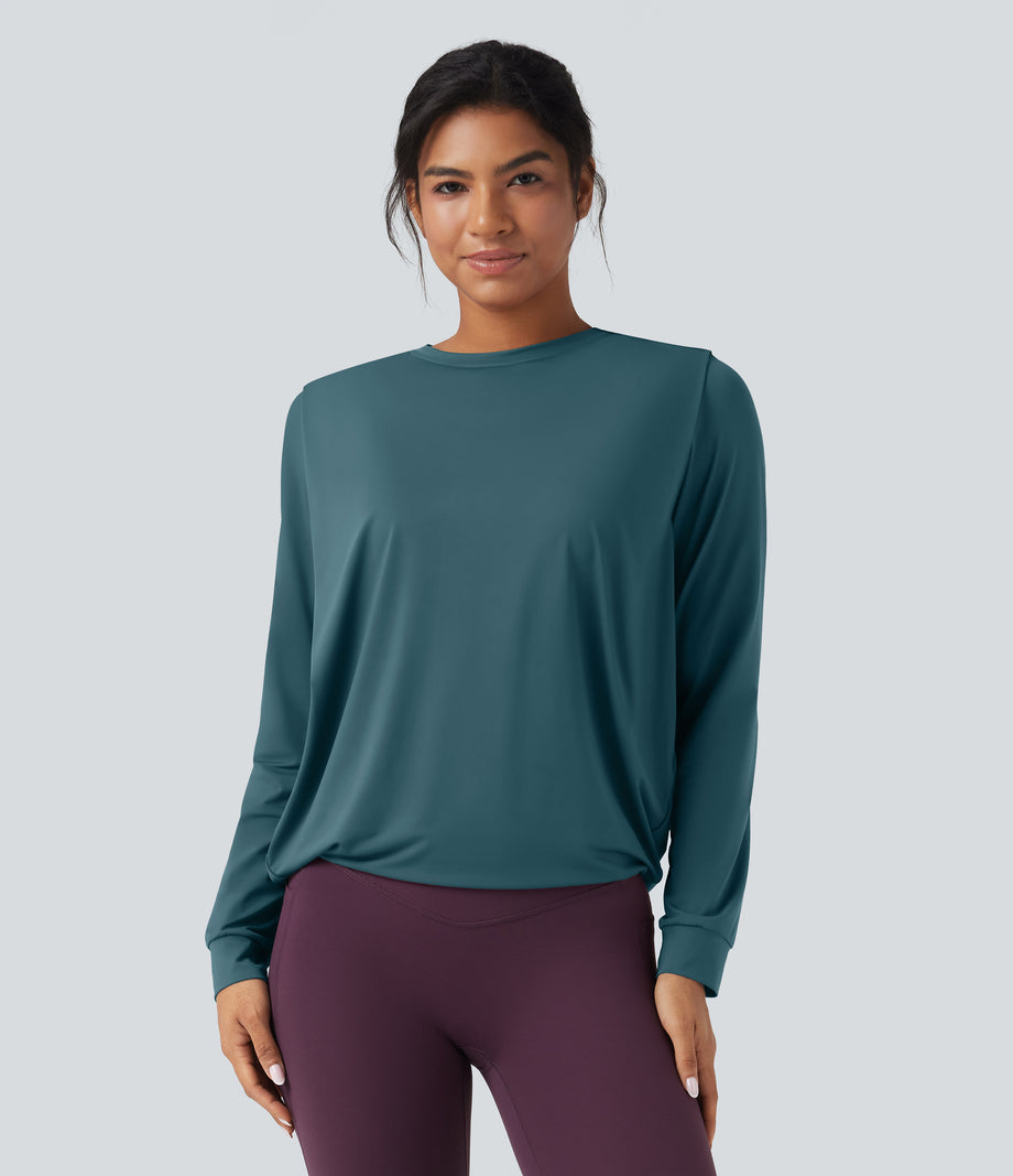 Round Neck Long Sleeve Ruched Yoga Sports Top-UPF50+ - Hydro