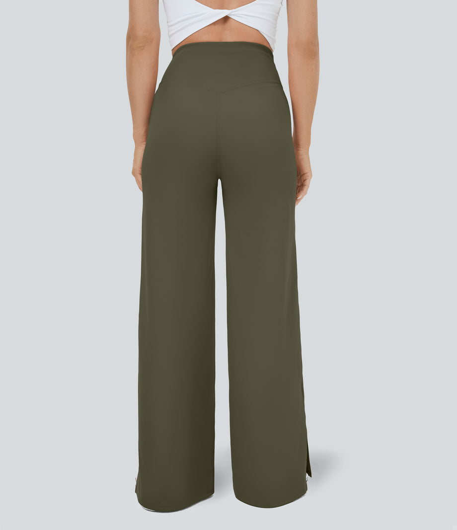 DayStretch Crossover Pocket Hem Wide Leg Yoga Pants-Smile - Forest Night