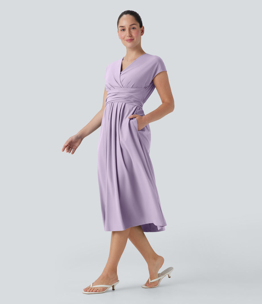 Breezeful™ V Neck Short Sleeve Pocket Tie Back Quick Dry Midi Casual Dress - Leisurely Lavender