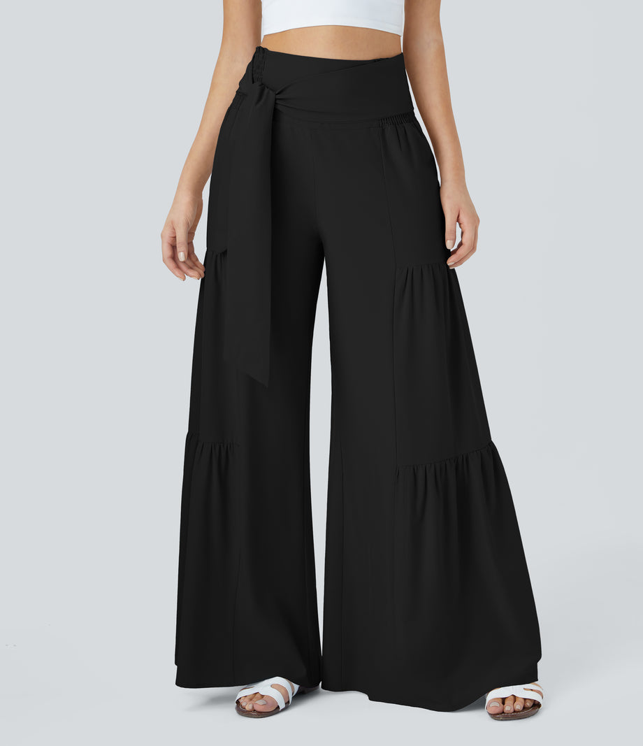 Breezeful™ High Waisted Shirred Tie Front & Back Wide Leg Flowy Quick Dry Casual Pants - Black