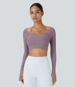 Ribbed Halter Strap Thumb Hole Cropped Yoga Sports Top - Fragrant Purple