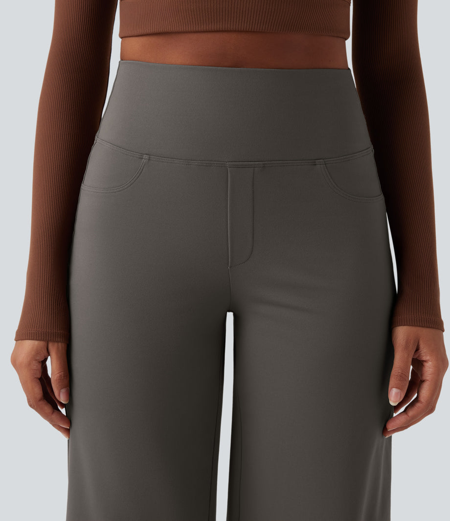 DayStretch High Waisted Tummy Control Wide Leg Baggy Yoga Pants with Pockets - Deep Red Grey
