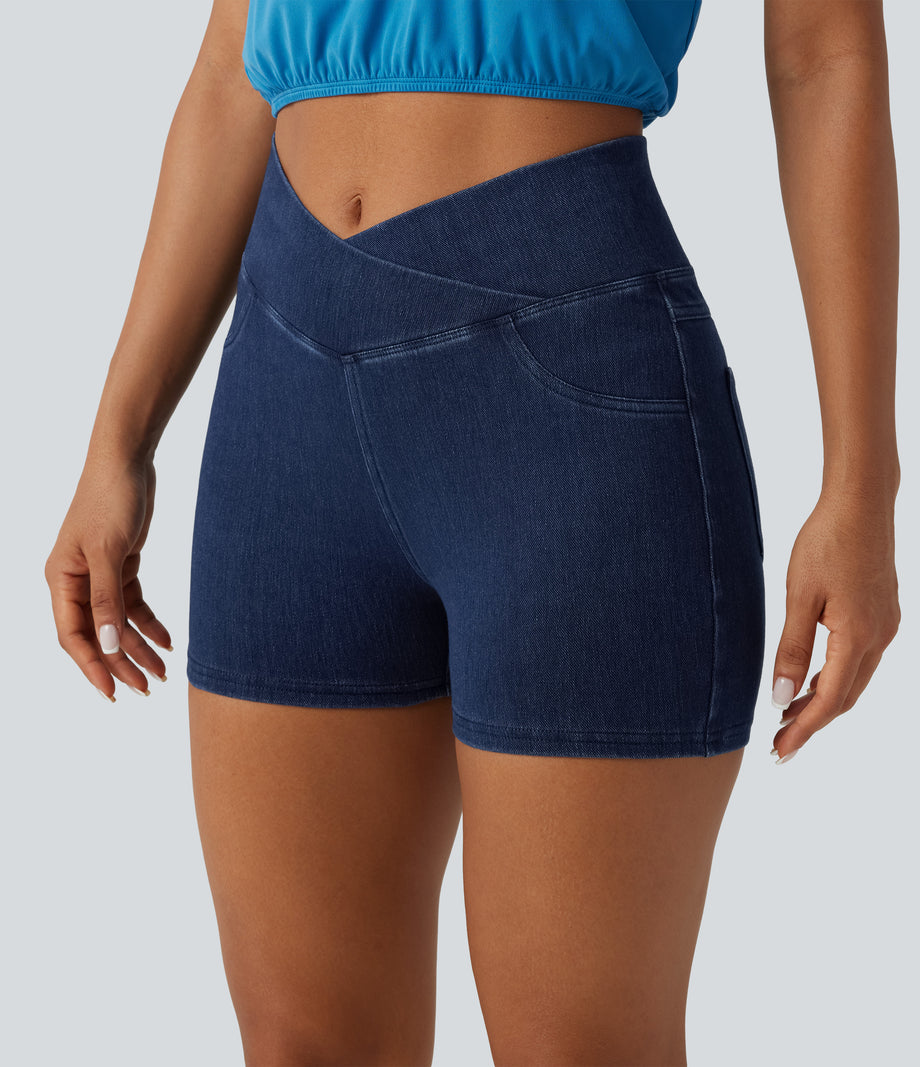 Halara Flex™ High Waisted Crossover Pocket Denim Casual Shorts 3" - Midnight Blue Denim