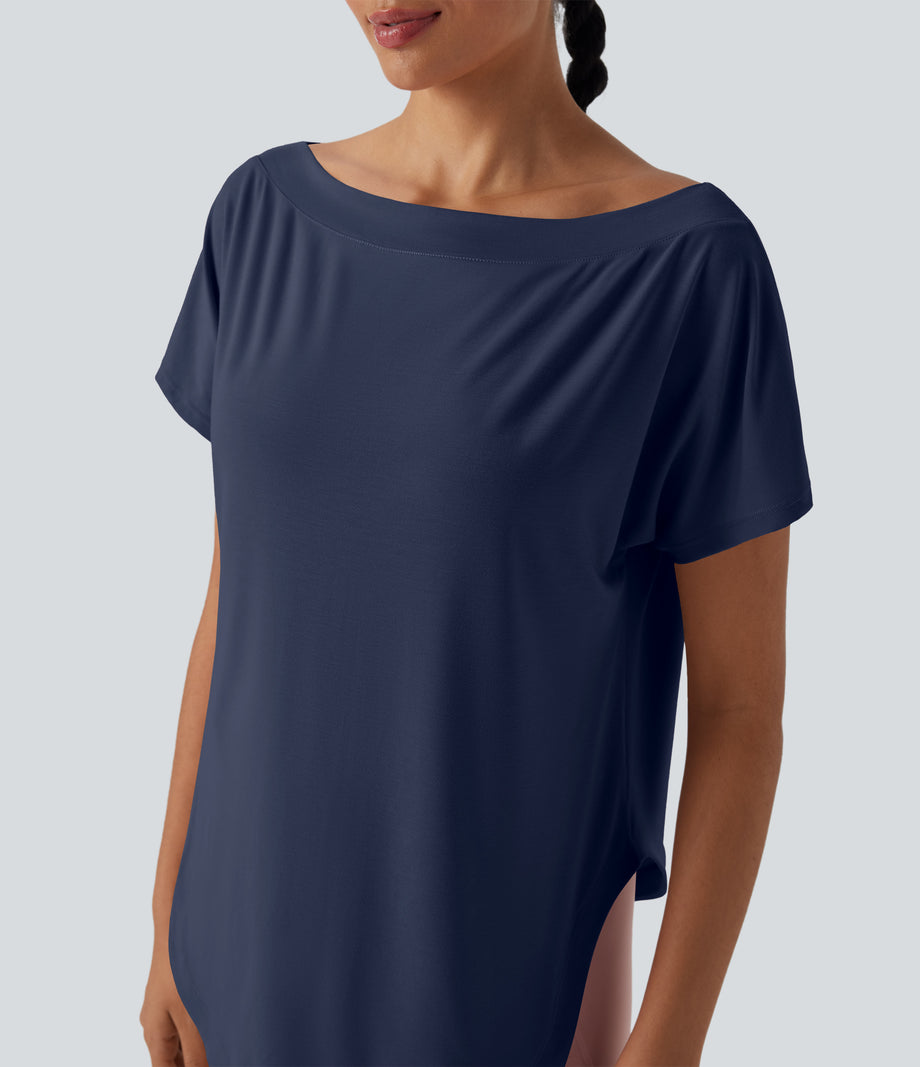 One Shoulder Short Sleeve Curved Hem High Low Quick Dry Yoga Sports Top - Mood Indigo