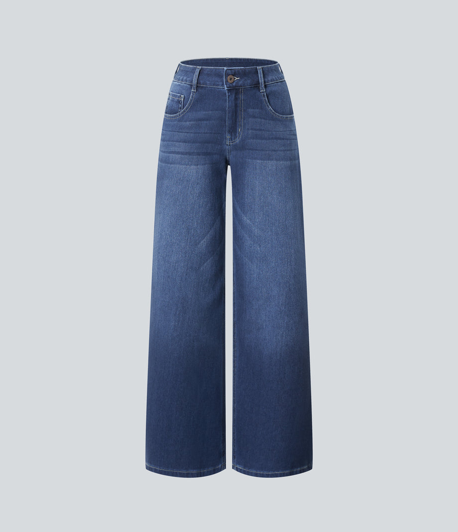 Halara Flex™ Low Rise Zipper Pockets Washed Baggy Wide Leg Casual Jeans - Paint Blue Denim