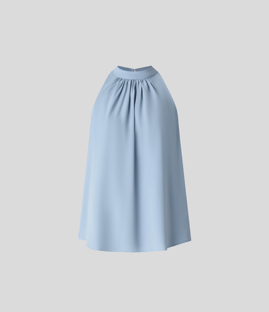Keyhole Back Halter Sleeveless Curved Hem Work Blouse - Skyride
