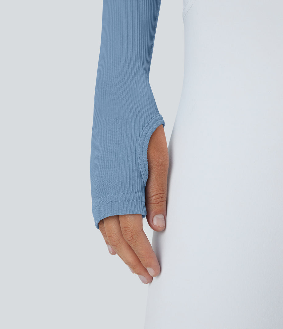Ribbed Halter Strap Thumb Hole Cropped Yoga Sports Top - Quiet Harbor