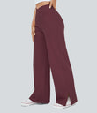 DayStretch Crossover Pocket Hem Wide Leg Yoga Pants-Smile - Red Mahogany