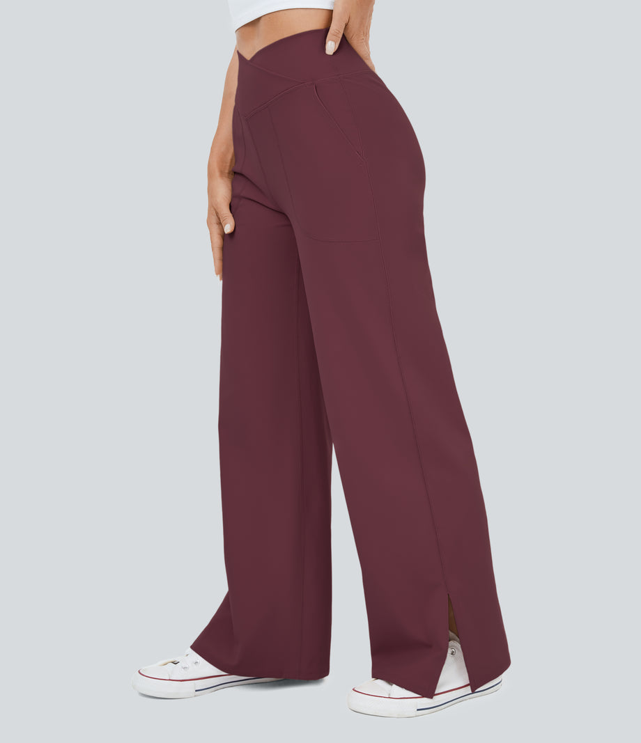 DayStretch Crossover Pocket Hem Wide Leg Yoga Pants-Smile - Red Mahogany