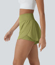 SoftlyZero™ QuickDry High Waisted Tummy Control Reflective Dots Crossover Hem 2-in-1 Running Shorts 3'' with Pockets - Moss