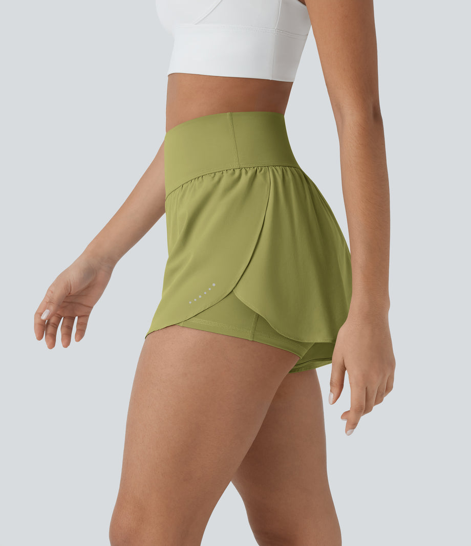SoftlyZero™ QuickDry High Waisted Tummy Control Reflective Dots Crossover Hem 2-in-1 Running Shorts 3'' with Pockets - Moss