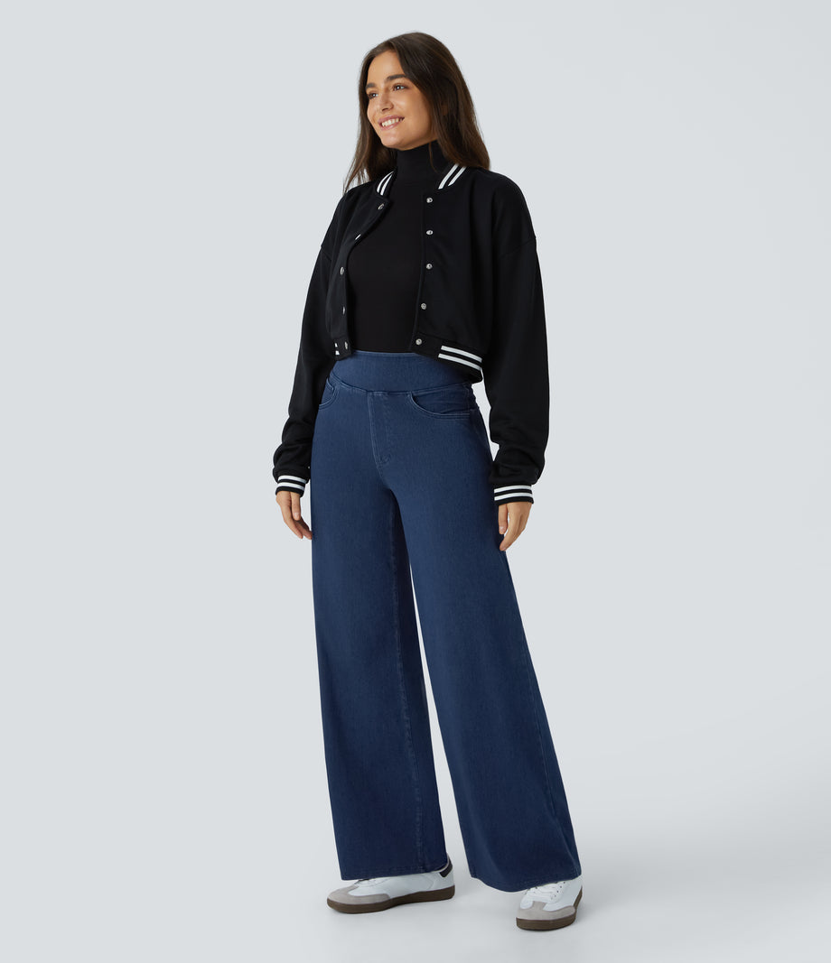 Halara Flex™ High Waisted Pockets Wide Leg Loose Work Jeans - Midnight Blue Denim