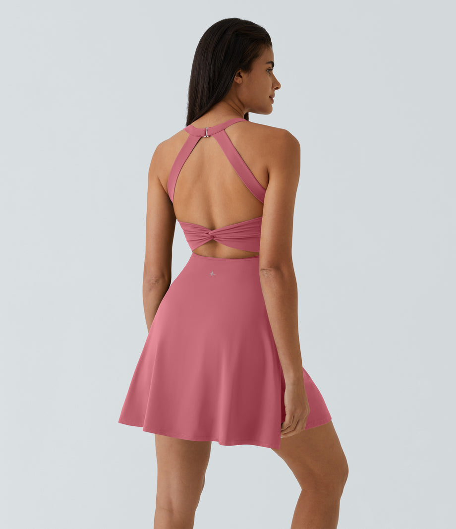 SoftlyZero™ Airy Backless Twisted Flare Low Support Dance Active Dress-Longer Length-Easy Peezy Edition A-D Cups - Begonia Rouge