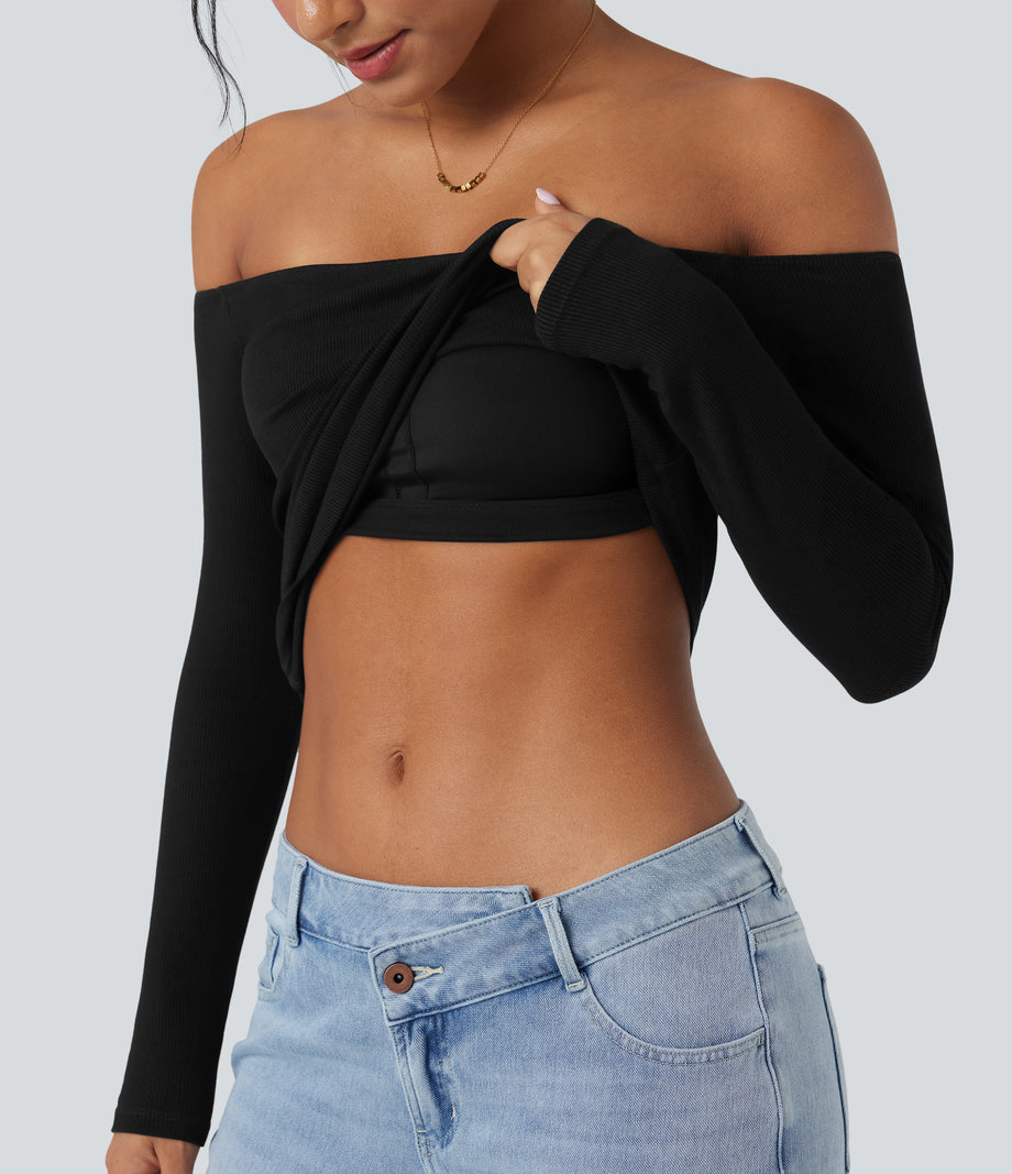 Ribbed Knit Off Shoulder Long Sleeve 2-in-1 Casual Top - Black