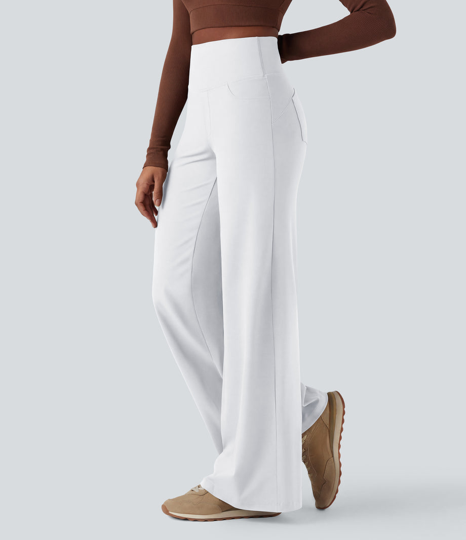 DayStretch High Waisted Tummy Control Wide Leg Baggy Yoga Pants with Pockets - White