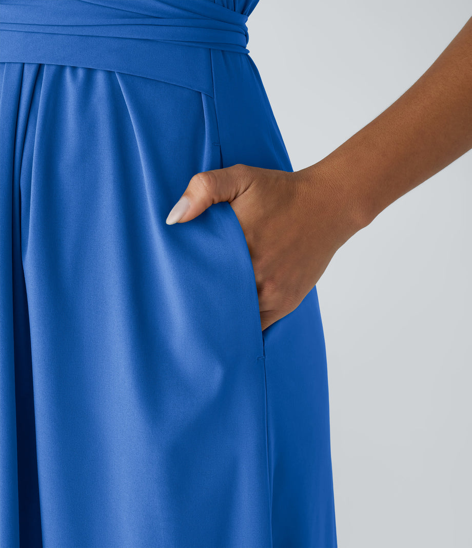Breezeful™ V Neck Short Sleeve Pocket Tie Back Quick Dry Midi Casual Dress-Longer Length - Nebulas Blue