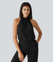 Keyhole Back Halter Sleeveless Curved Hem Work Blouse - Black