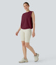 Round Neck Ruched Cool Touch Yoga Tank Top-UPF50+ - Deep Wine