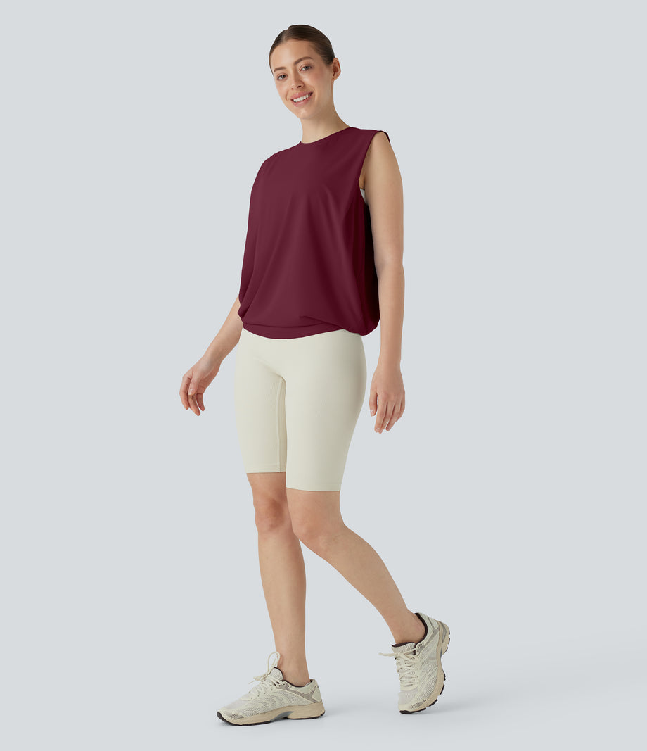 Round Neck Ruched Cool Touch Yoga Tank Top-UPF50+ - Deep Wine