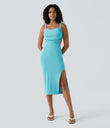 Ruched Lace Up Bodycon Midi Casual Dress - Loka Blue