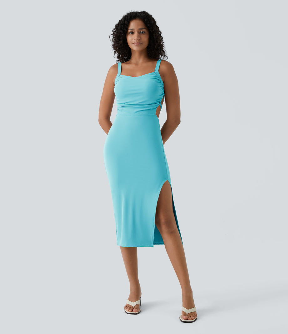 Ruched Lace Up Bodycon Midi Casual Dress - Loka Blue