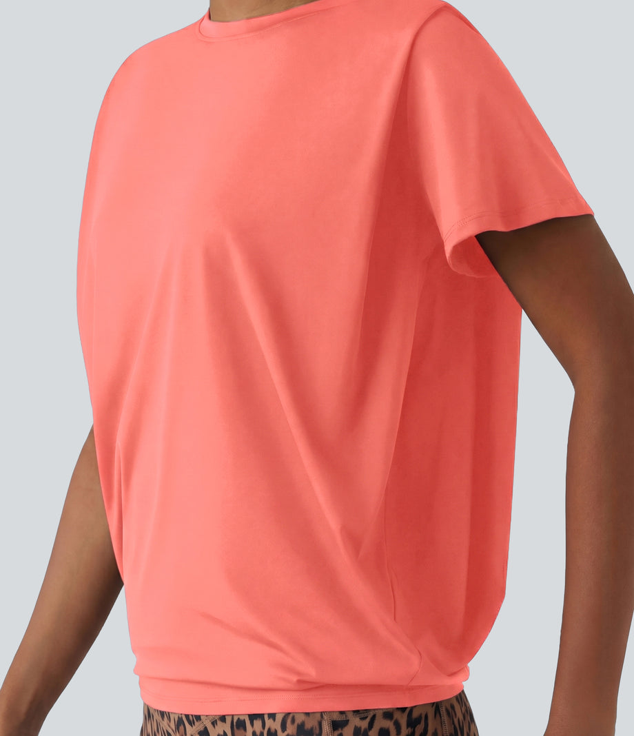 Round Neck Short Sleeve Ruched Cool Touch Yoga Sports Top-UPF50+ - Fusion Coral