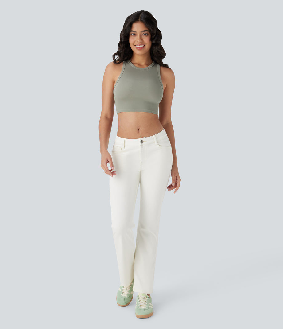 Halara Flex™ Low Rise Zipper Pockets Washed Casual Bootcut Jeans - Beige Denim