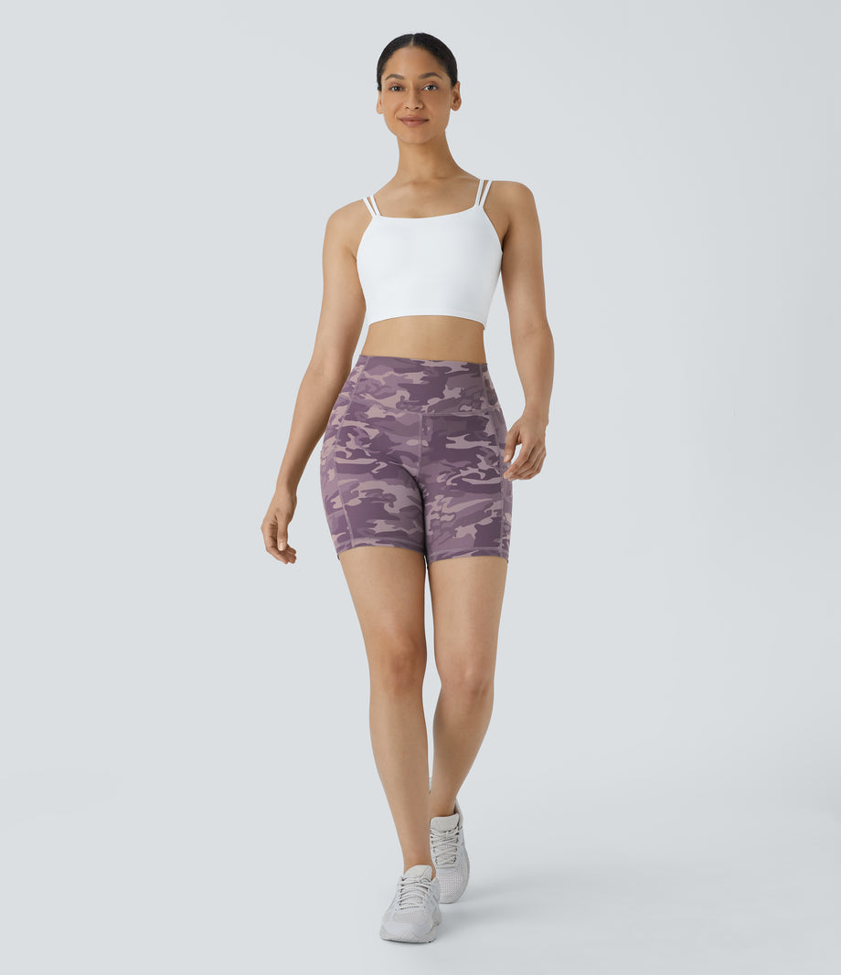 High Waisted Pocket Running Biker Shorts - Fuchsia Camouflage