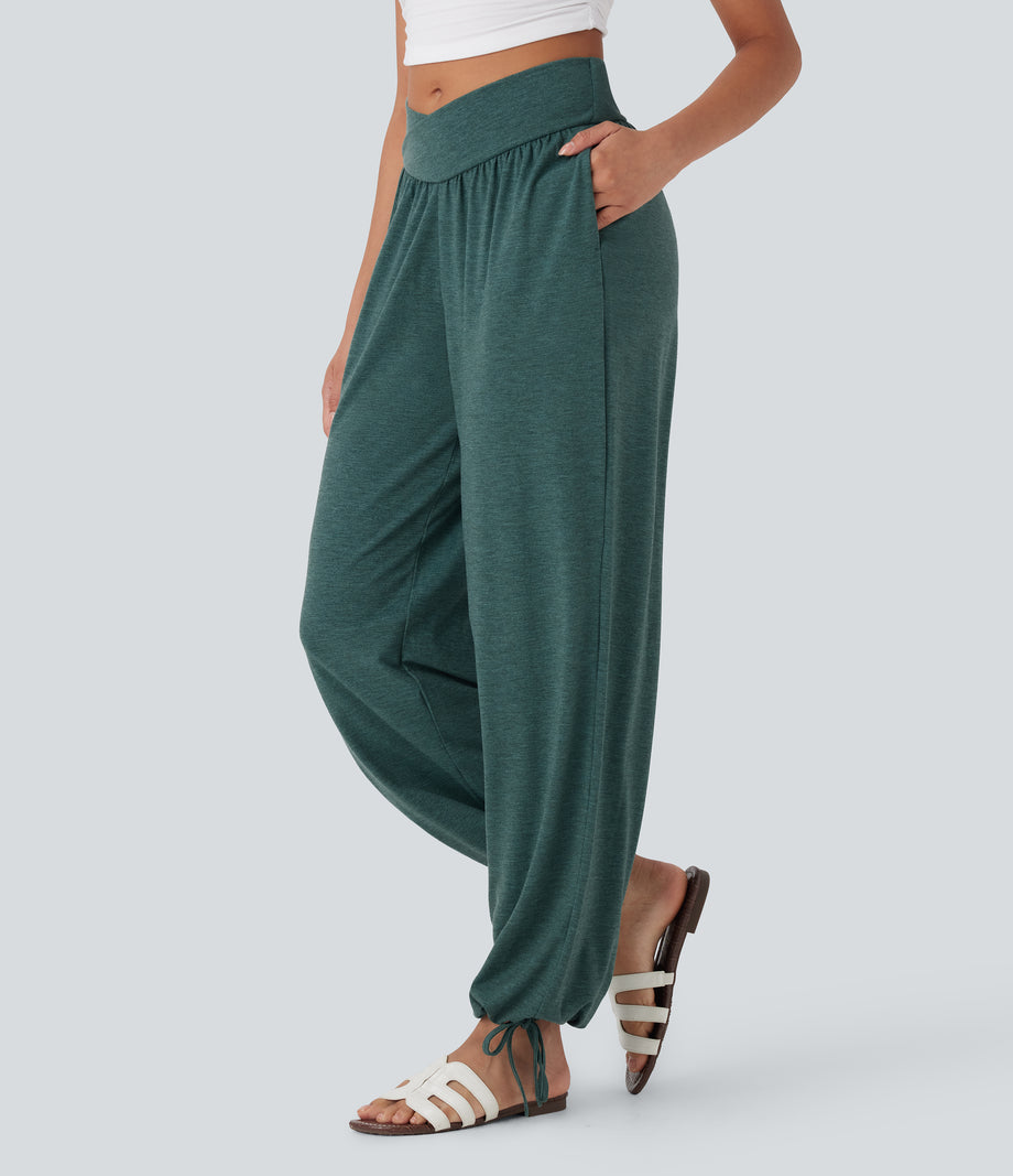 Crossover High Waisted Pocket Drawstring Casual Joggers - Jade Green Floral Yarn