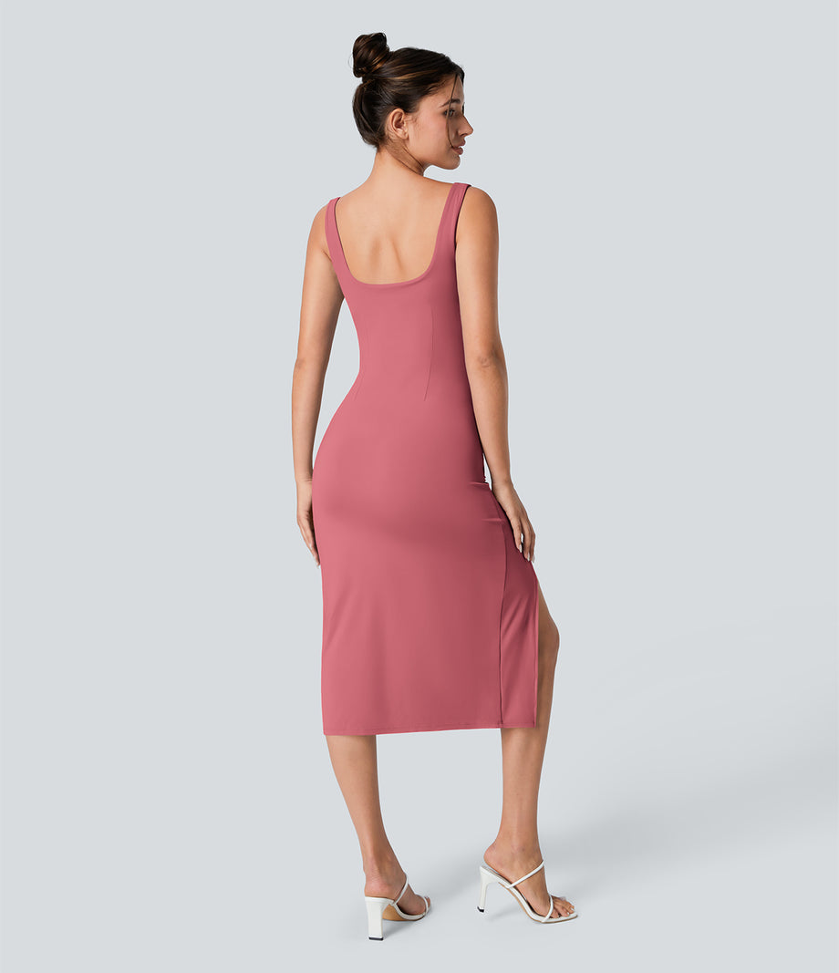 SoftlyZero™ Airy Square Neck Backless Corset Ruched Split Bodycon Midi Cool Touch Bridesmaid and Wedding Guest Dress - Begonia Rouge
