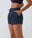 High Waisted Elastic Waistband Drawstring Pleated Yoga Shorts 3" with Pockets - Night Blue