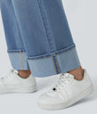 Halara Flex™ High Waisted Pockets Rolled Hem Wide Leg Washed Casual Jeans - Sea Blue Denim