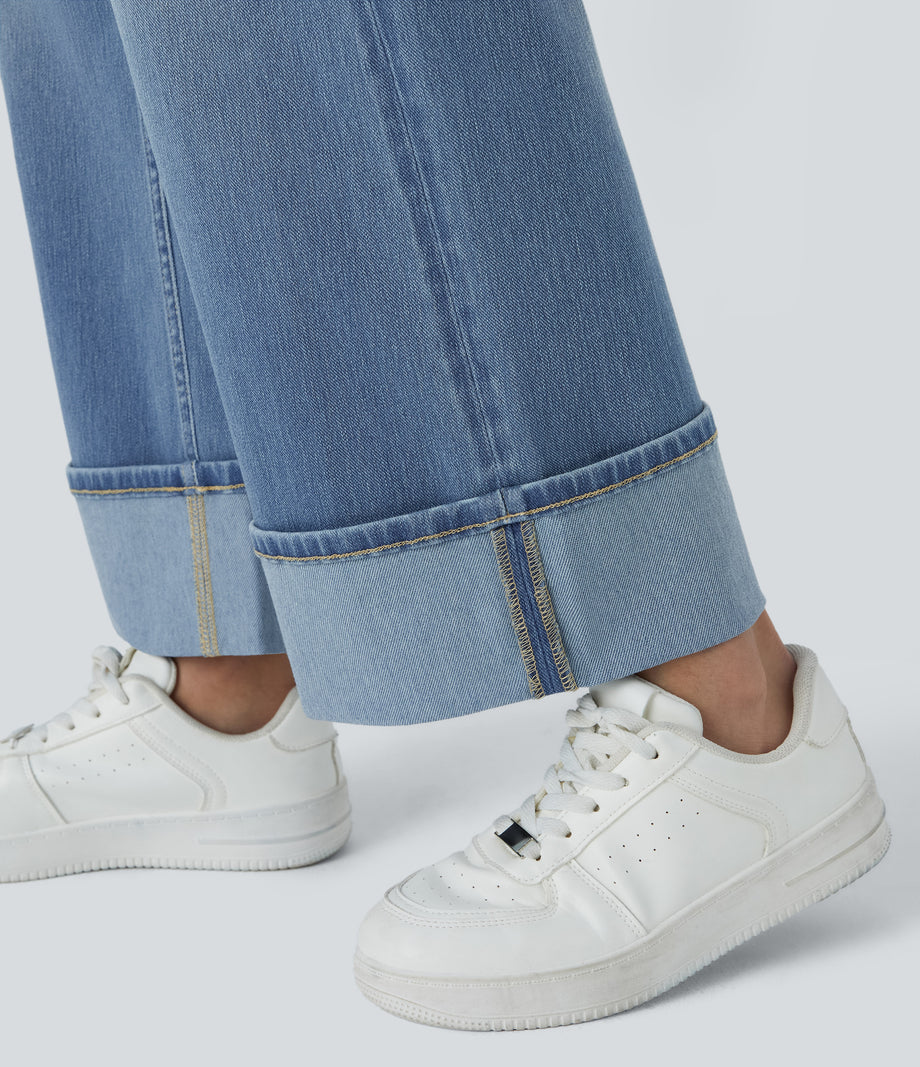 Halara Flex™ High Waisted Pockets Rolled Hem Wide Leg Washed Casual Jeans - Sea Blue Denim