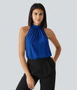 Keyhole Back Halter Sleeveless Curved Hem Work Blouse - Surf the Web
