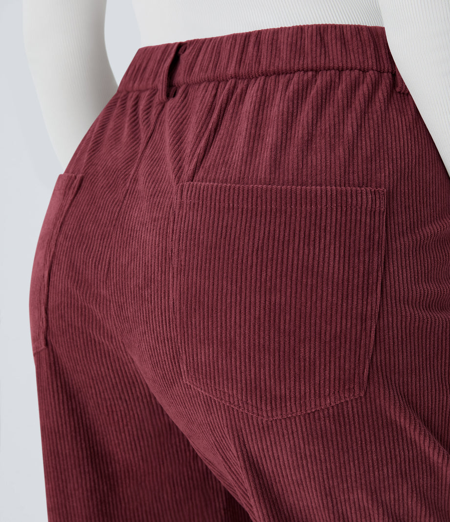 Mid Rise Zipper Pockets Corduroy Casual Joggers - Pomegranate
