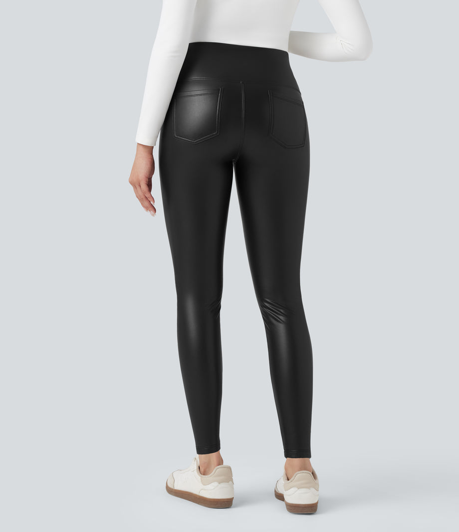 High Waisted Tummy Control Stretchy PU Fleece 7/8 Skinny Casual Leggings with Pockets - Black