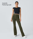 High Waisted Side Flap Pocket Flare Casual Cargo Pants - Forest Night