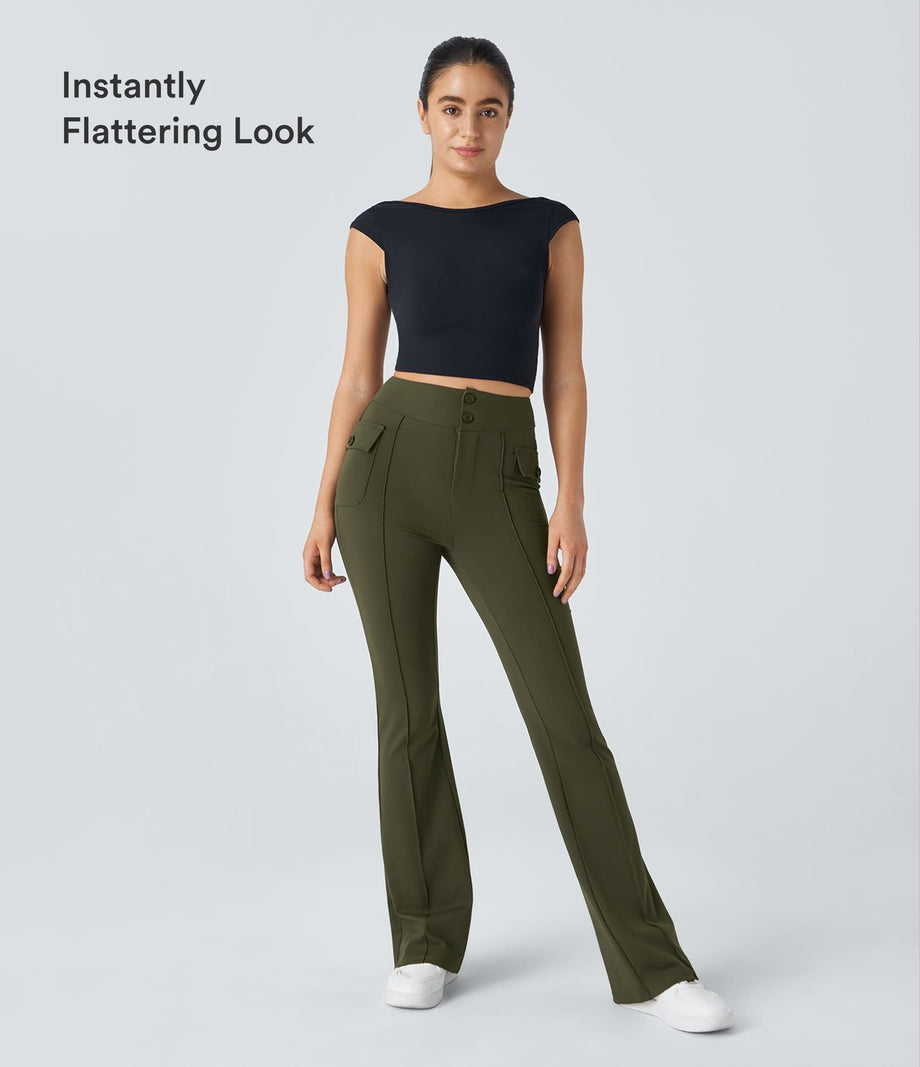 High Waisted Side Flap Pocket Flare Casual Cargo Pants - Forest Night