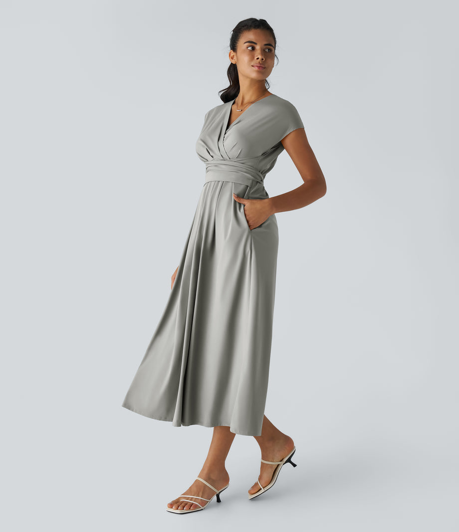 Breezeful™ V Neck Short Sleeve Pocket Tie Back Quick Dry Midi Casual Dress-Longer Length - Dust Gray