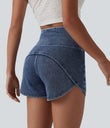 Halara Flex™ High Waisted Tummy Control Curved Hem Skinny Denim Casual Shorts with Pockets - Tide Blue Denim