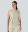 Round Neck Ruched Cool Touch Yoga Tank Top-UPF50+ - Almond Milk